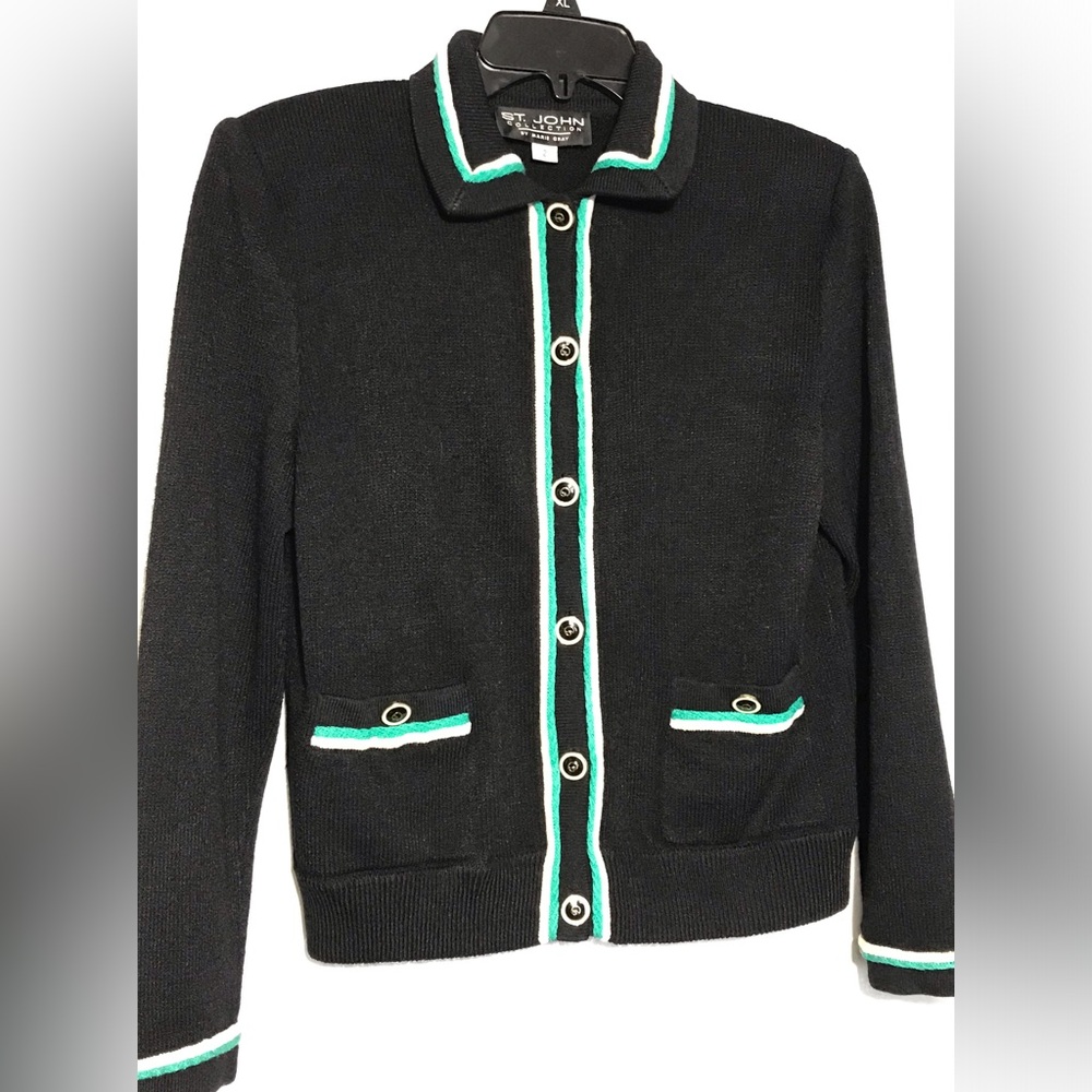 St. John by Marie Gray Black Sweater Button Front Stretch Jacket 2